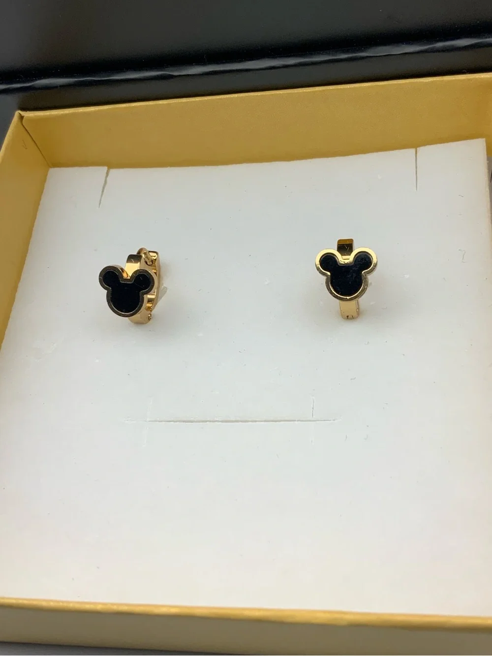 Gold-Tone Hoop Earrings with Black Enamel Mickey-Shaped Fronts - Women Jewelry